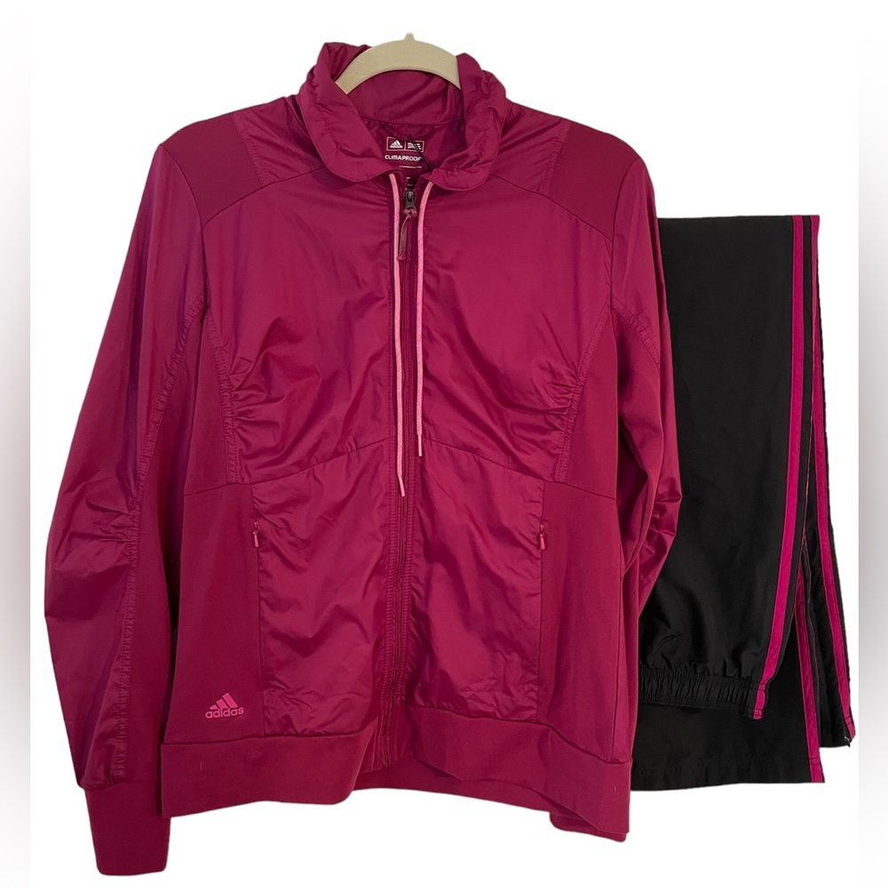 M top L Bottom Women’s Adidas Golf ClimaProof Fuchsia Purple  Black Tracksuit